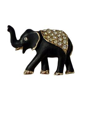 Vintage Matte Black Enamel Elephant Brooch Gold Tone Rhinestone Accent Lucky Pin